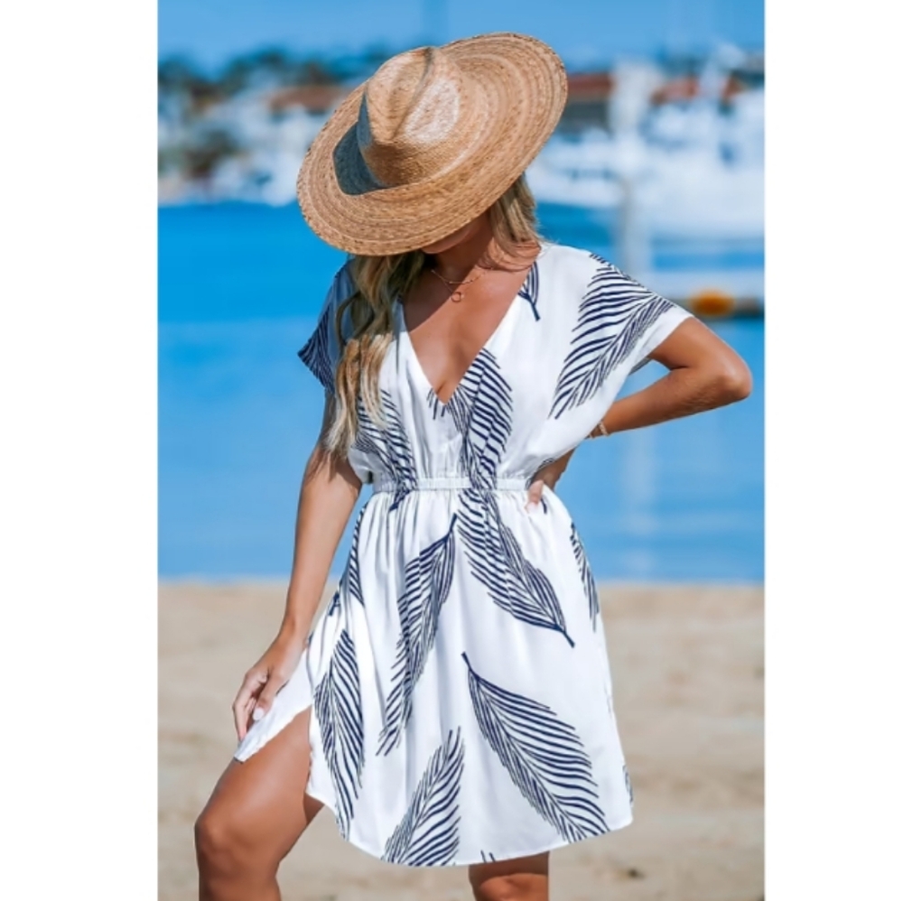 Navy & White Palm Leaf Dolman Sleeve Mini Cover-Up - Picture 5 of 8